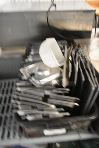 ALL ONE MONEY! Lot of Stainless Steel Drop In Bin Lids in Black Poly Bus Bin