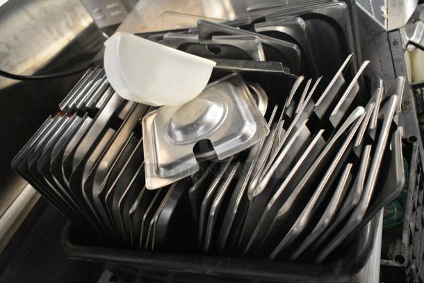 ALL ONE MONEY! Lot of Stainless Steel Drop In Bin Lids in Black Poly Bus Bin - Image 2 of 2
