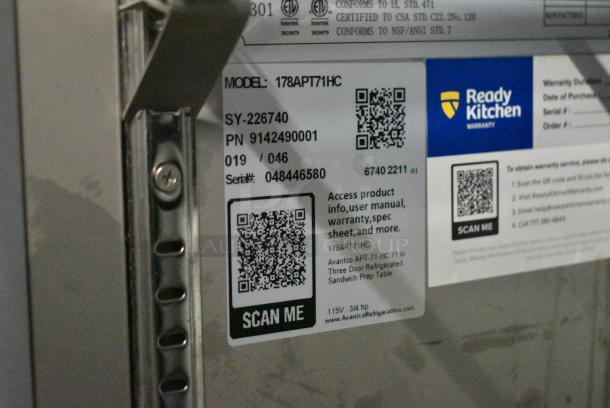 2022 Avantco 178APT71HC Stainless Steel Commercial Sandwich Salad Prep Table Bain Marie Mega Top on Commercial Casters. 115 Volts, 1 Phase. Tested and Working! - Image 11 of 12