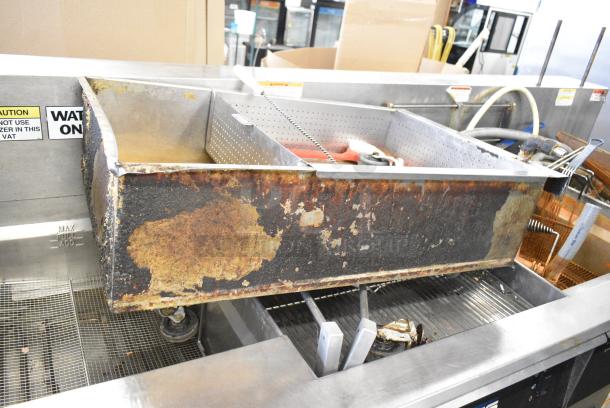 Giles EOF-24 Stainless Steel Commercial Electric Powered 3 Bay Deep Fat Fryer w/ Dumping Station on Commercial Casters. 480 Volts, 3 Phase. - Image 3 of 16