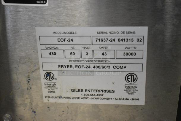 Giles EOF-24 Stainless Steel Commercial Electric Powered 3 Bay Deep Fat Fryer w/ Dumping Station on Commercial Casters. 480 Volts, 3 Phase. - Image 16 of 16