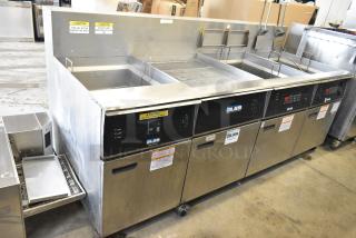 Giles EOF-24 Stainless Steel Commercial Electric Powered 3 Bay Deep Fat Fryer w/ Dumping Station on Commercial Casters. 480 Volts, 3 Phase.