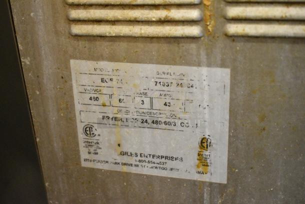 Giles EOF-24 Stainless Steel Commercial Electric Powered 3 Bay Deep Fat Fryer w/ Dumping Station on Commercial Casters. 480 Volts, 3 Phase. - Image 13 of 14