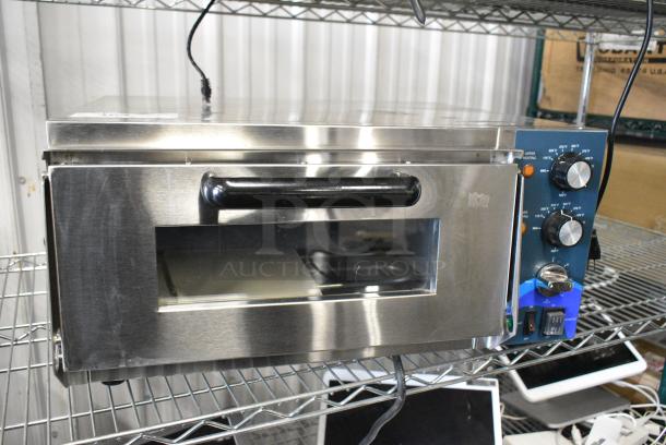 BRAND NEW SCRATCH AND DENT! 2022 Hoocoo CMO-1 Stainless Steel Commercial Countertop Electric Powered Single Deck Pizza Oven w/ Broken Cooking Stone. 120 Volts, 1 Phase. Tested and Working! - Image 1 of 5