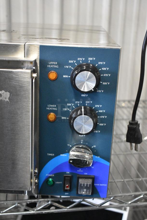 BRAND NEW SCRATCH AND DENT! 2022 Hoocoo CMO-1 Stainless Steel Commercial Countertop Electric Powered Single Deck Pizza Oven w/ Broken Cooking Stone. 120 Volts, 1 Phase. Tested and Working! - Image 2 of 5