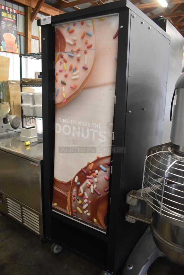 Black Metal Commercial Pastry Donut Bagel Display Case Merchandiser w/ Metal Wire Baskets on Commercial Casters. Tested and Working! - Image 1 of 7