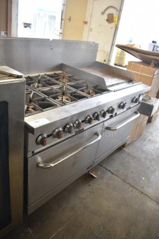 Stainless Steel Commercial Natural Gas Powered 6 Burner Range w/ Right Side Flat Top Griddle, 2 Ovens and Back Splash.