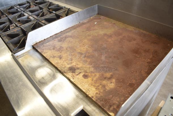 Stainless Steel Commercial Natural Gas Powered 6 Burner Range w/ Right Side Flat Top Griddle, 2 Ovens and Back Splash. - Image 3 of 10