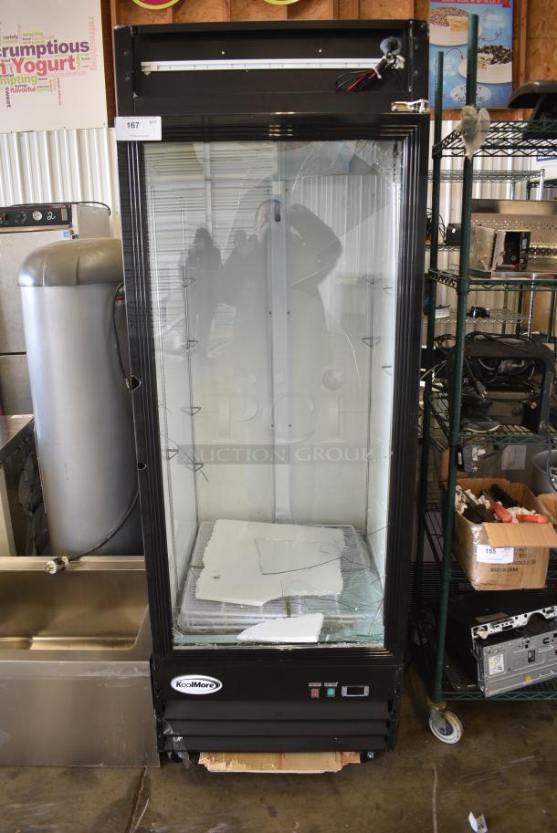 BRAND NEW SCRATCH AND DENT! 2024 KoolMore MDR-1GD-23C Metal Commercial Single Door Reach In Cooler Merchandiser. See Pictures for Broken Glass. 115 Volts, 1 Phase. Tested and Working! - Image 1 of 9