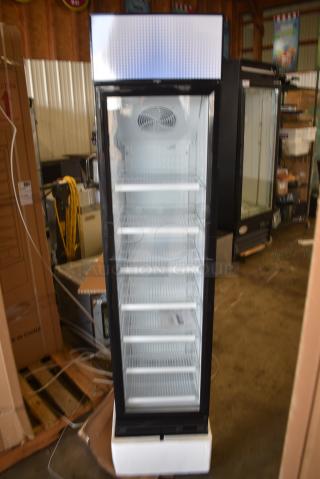 BRAND NEW IN BOX! Galaxy 177GDN5RBB Metal Commercial Single Door Reach In Cooler Merchandiser with Red, White, and Blue LED Lighting. 110-120 Volts, 1 Phase.