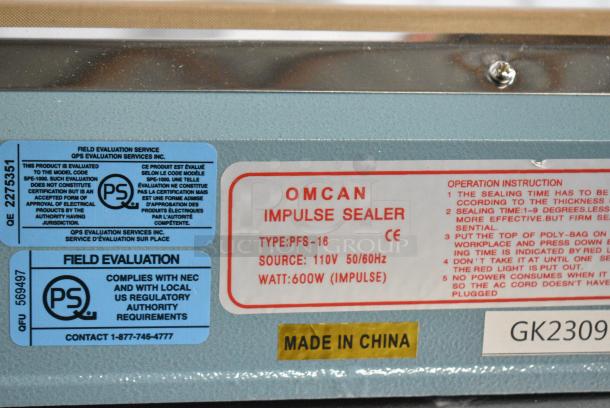 Omcan PFS-16 Metal Countertop Sealer. 120 Volts, 1 Phase. Tested and Working! - Image 10 of 10