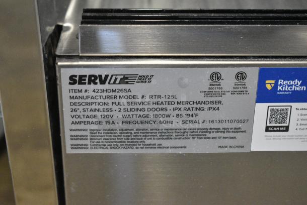 BRAND NEW SCRATCH AND DENT! ServIt 423HDM26SA 26" Self / Full Service 3 Shelf Countertop Heated Display Case with Sliding Doors. 120 Volts, 1 Phase. Tested and Working! - Image 6 of 6