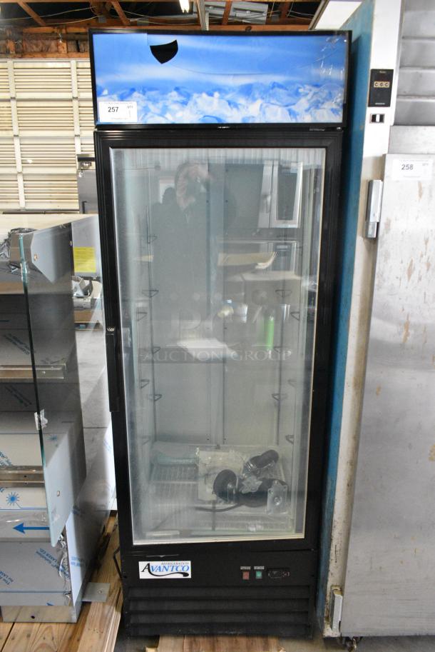 BRAND NEW SCRATCH AND DENT! 2023 Avantco 178GDC12FHCB Metal Commercial Single Door Reach In Cooler Merchandiser w/ Commercial Casters. 115 Volts, 1 Phase. Tested and Working! - Image 1 of 7