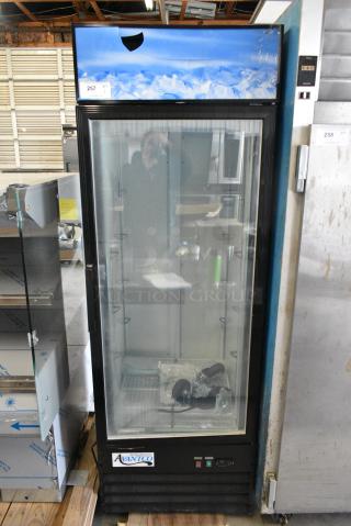 BRAND NEW SCRATCH AND DENT! 2023 Avantco 178GDC12FHCB Metal Commercial Single Door Reach In Cooler Merchandiser w/ Commercial Casters. 115 Volts, 1 Phase. Tested and Working!
