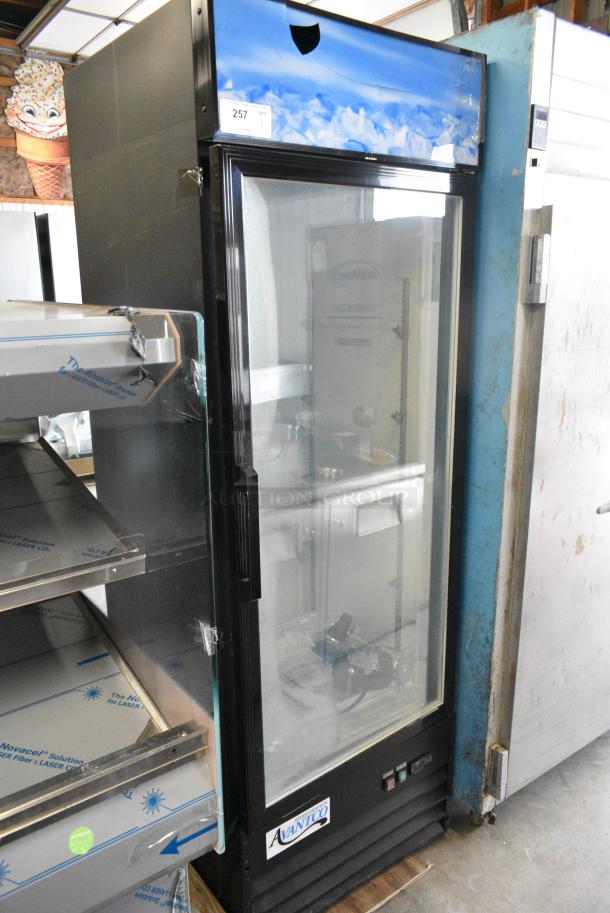 BRAND NEW SCRATCH AND DENT! 2023 Avantco 178GDC12FHCB Metal Commercial Single Door Reach In Cooler Merchandiser w/ Commercial Casters. 115 Volts, 1 Phase. Tested and Working! - Image 2 of 7