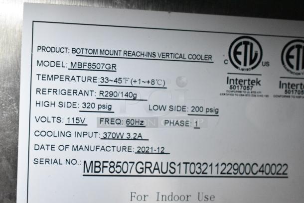 2021 Atosa MBF8507GR Stainless Steel Commercial 2 Door Reach In Cooler. 115 Volts, 1 Phase. Tested and Working! - Image 6 of 7
