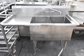 Stainless Steel 2 Bay Sink w/ Left Side Drain Board, Faucet and Handles.