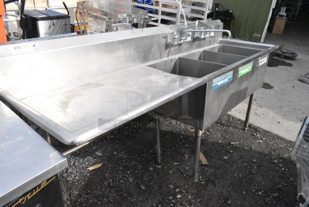 Stainless Steel 3 Bay Sink w/ Left Side Drain Board, 2 Faucets and 2 Handle Sets. - Image 2 of 4