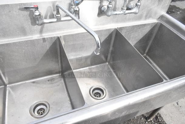 Stainless Steel 3 Bay Sink w/ Left Side Drain Board, 2 Faucets and 2 Handle Sets. - Image 3 of 4