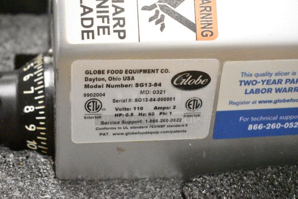 BRAND NEW SCRATCH AND DENT! 2021 Globe SG13-84 Stainless Steel Commercial Countertop Heavy-Duty Advanced Manual Meat Slicer w/ Blade Sharpener. 110 Volts, 1 Phase. Tested and Working! - Image 8 of 8