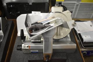 BRAND NEW SCRATCH AND DENT! 2021 Globe S13 Stainless Steel Commercial Countertop Heavy-Duty Manual Meat Slicer w/ Blade Sharpener. 110 Volts, 1 Phase. Tested and Working!