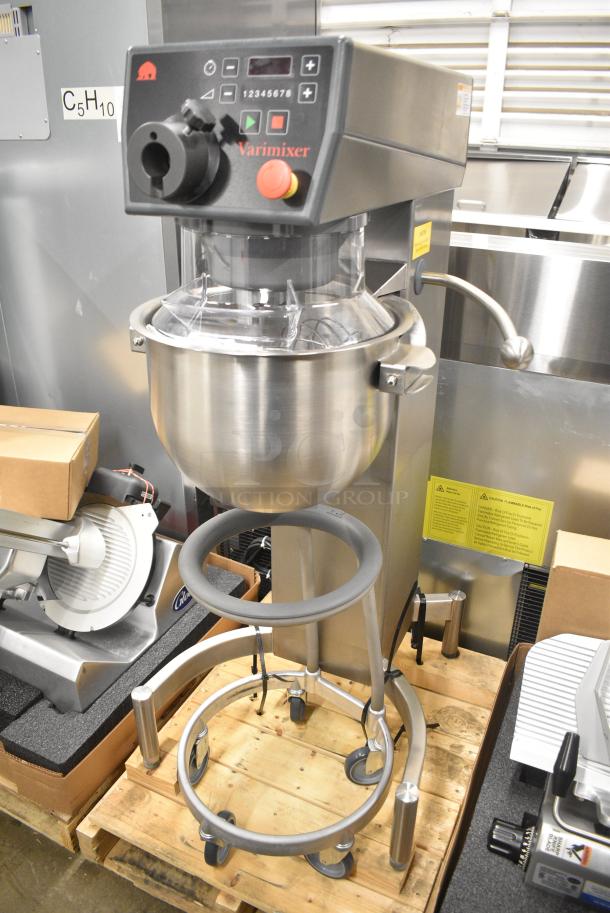 BRAND NEW SCRATCH AND DENT! 2021 Varimixer V20KF Kodiak 20 Qt. Planetary Floor Mixer w/ Stainless Steel Mixing Bowl, Bowl Guard, Bowl Dolly, Whisk and Dough Hook Attachment. 120 Volts, 1 Phase. Tested and Working! - Image 1 of 8