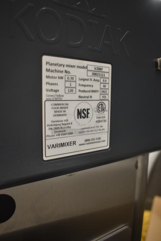 BRAND NEW SCRATCH AND DENT! 2021 Varimixer V20KF Kodiak 20 Qt. Planetary Floor Mixer w/ Stainless Steel Mixing Bowl, Bowl Guard, Bowl Dolly, Whisk and Dough Hook Attachment. 120 Volts, 1 Phase. Tested and Working! - Image 8 of 8