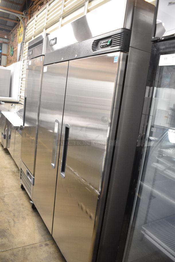 BRAND NEW SCRATCH AND DENT! 2024 Migali C-2F-HC Stainless Steel Commercial 2 Door Reach In Freezer w/ Poly Coated Racks on Commercial Casters. 115 Volts, 1 Phase. Serial C-2F-HCN45T017. Tested and Working! - Image 2 of 8