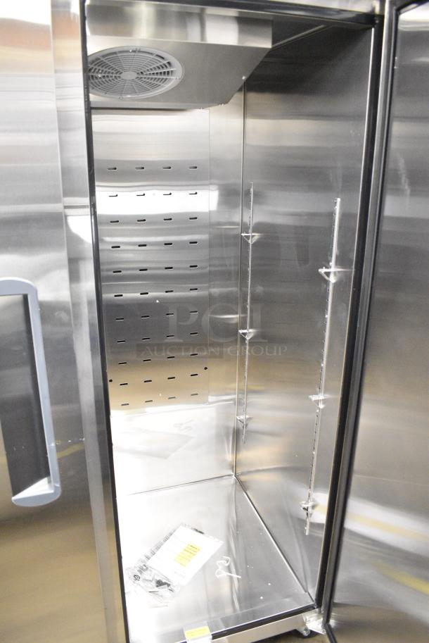 BRAND NEW SCRATCH AND DENT! 2024 Migali C-2F-HC Stainless Steel Commercial 2 Door Reach In Freezer w/ Poly Coated Racks on Commercial Casters. 115 Volts, 1 Phase. Serial C-2F-HCN45T017. Tested and Working! - Image 7 of 8