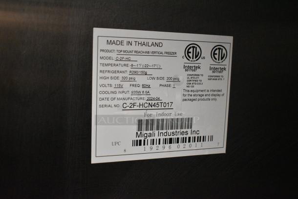 BRAND NEW SCRATCH AND DENT! 2024 Migali C-2F-HC Stainless Steel Commercial 2 Door Reach In Freezer w/ Poly Coated Racks on Commercial Casters. 115 Volts, 1 Phase. Serial C-2F-HCN45T017. Tested and Working! - Image 8 of 8