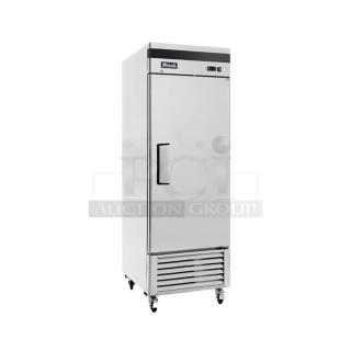 BRAND NEW SCRATCH AND DENT! 2024 Migali C-1RB-HC Stainless Steel Commercial Single Door Reach In Cooler w/ Poly Coated Racks on Commercial Casters. 115 Volts, 1 Phase. Serial C-1RB-HCT03240120092T0013. Tested and Working!