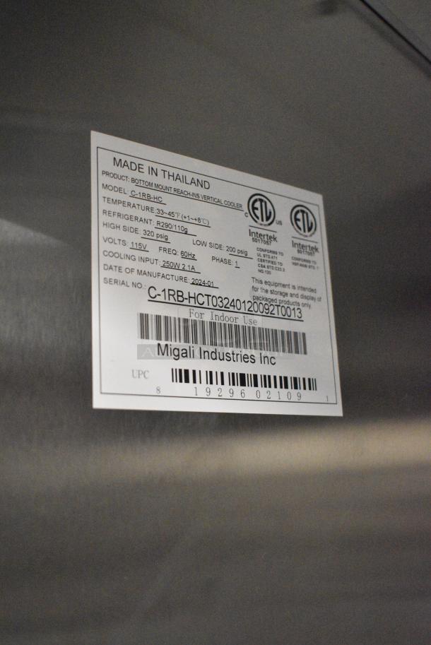 BRAND NEW SCRATCH AND DENT! 2024 Migali C-1RB-HC Stainless Steel Commercial Single Door Reach In Cooler w/ Poly Coated Racks on Commercial Casters. 115 Volts, 1 Phase. Serial C-1RB-HCT03240120092T0013. Tested and Working! - Image 8 of 8