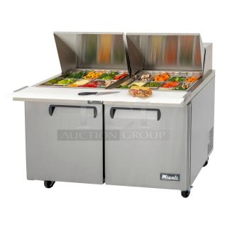 BRAND NEW SCRATCH AND DENT! 2024 Migali C-SP60-24BT-HC Stainless Steel Commercial Sandwich Salad Prep Table Bain Marie Mega Top on Commercial Casters. 115 Volts, 1 Phase. Serial C-SP60-24BT-HCN45T044. Tested and Working!