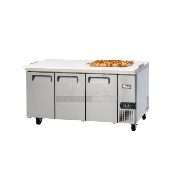 BRAND NEW SCRATCH AND DENT! 2023 Migali C-RWT93-HC Stainless Steel Commercial 3 Door Work Top Cooler on Commercial Casters. 115 Volts, 1 Phase. Serial C-RWT93-HC003230628092C0001. Tested and Working! - Image 1 of 9