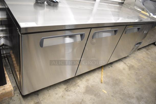 BRAND NEW SCRATCH AND DENT! 2023 Migali C-RWT93-HC Stainless Steel Commercial 3 Door Work Top Cooler on Commercial Casters. 115 Volts, 1 Phase. Serial C-RWT93-HC003230628092C0001. Tested and Working! - Image 2 of 9