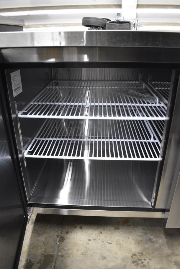 BRAND NEW SCRATCH AND DENT! 2023 Migali C-RWT93-HC Stainless Steel Commercial 3 Door Work Top Cooler on Commercial Casters. 115 Volts, 1 Phase. Serial C-RWT93-HC003230628092C0001. Tested and Working! - Image 6 of 9