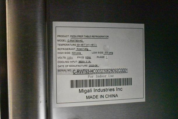 BRAND NEW SCRATCH AND DENT! 2023 Migali C-RWT93-HC Stainless Steel Commercial 3 Door Work Top Cooler on Commercial Casters. 115 Volts, 1 Phase. Serial C-RWT93-HC003230628092C0001. Tested and Working! - Image 9 of 9