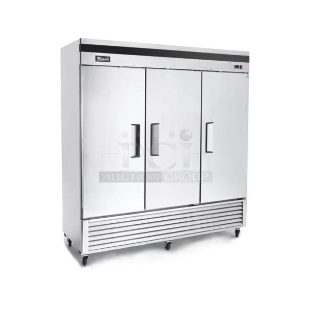 BRAND NEW SCRATCH AND DENT! 2023 Migali C-3RB-HC Stainless Steel Commercial 3 Door Cooler w/ Poly Coated Racks. 115 Volts, 1 Phase. Serial C-3RB-HCT03230801092T0010. Tested and Working! - Image 1 of 8
