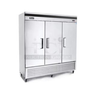 BRAND NEW SCRATCH AND DENT! 2023 Migali C-3RB-HC Stainless Steel Commercial 3 Door Cooler w/ Poly Coated Racks. 115 Volts, 1 Phase. Serial C-3RB-HCT03230801092T0010. Tested and Working!