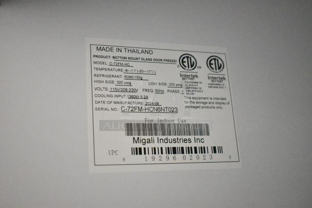 BRAND NEW SCRATCH AND DENT! 2024 Migali C-72FM-HC Metal Commercial 3 Door Freezer Merchandiser w/ Poly Coated Racks. 115/208-230 Volts, 1 Phase. Serial C-72FM-HCN6NT023. - Image 8 of 8