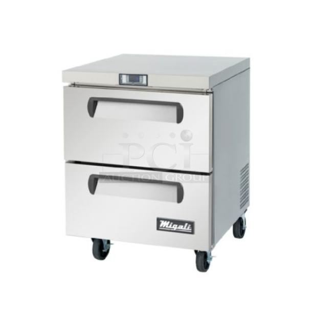 BRAND NEW SCRATCH AND DENT! 2023 Migali C-U27R-D-HC Stainless Steel Commercial 2 Drawer Undercounter Cooler on Commercial Casters. 115 Volts, 1 Phase. Serial C-U27R-D-HC003230613092C0004. Tested and Working! - Image 1 of 9