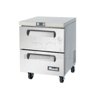 BRAND NEW SCRATCH AND DENT! 2023 Migali C-U27R-D-HC Stainless Steel Commercial 2 Drawer Undercounter Cooler on Commercial Casters. 115 Volts, 1 Phase. Serial C-U27R-D-HC003230613092C0004. Tested and Working!