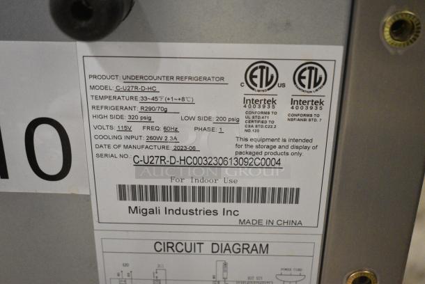 BRAND NEW SCRATCH AND DENT! 2023 Migali C-U27R-D-HC Stainless Steel Commercial 2 Drawer Undercounter Cooler on Commercial Casters. 115 Volts, 1 Phase. Serial C-U27R-D-HC003230613092C0004. Tested and Working! - Image 9 of 9
