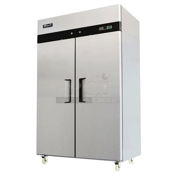 BRAND NEW SCRATCH AND DENT! 2024 Migali C-2F-HCN45T015 Stainless Steel Commercial 2 Door Reach In Freezer w/ Poly Coated Racks. 115 Volts, 1 Phase. Serial C-2F-HCN45T015, Tested and Working! - Image 1 of 7