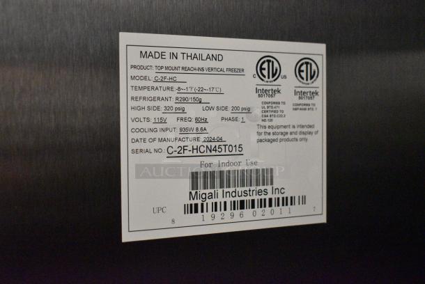 BRAND NEW SCRATCH AND DENT! 2024 Migali C-2F-HCN45T015 Stainless Steel Commercial 2 Door Reach In Freezer w/ Poly Coated Racks. 115 Volts, 1 Phase. Serial C-2F-HCN45T015, Tested and Working! - Image 7 of 7