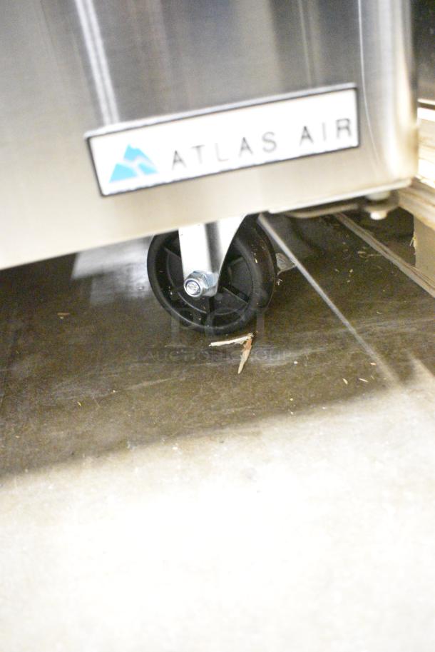 BRAND NEW SCRATCH AND DENT! Atlas Air ASP48 Stainless Steel Commercial Sandwich Salad Prep Table Mega Top on Commercial Casters. 115 Volts, 1 Phase. Serial T3770323XASP48237001. Tested and Working! - Image 4 of 10