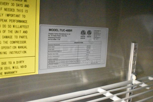 BRAND NEW SCRATCH AND DENT! Atlas Air TUC-48BR Stainless Steel Commercial 2 Door Undercounter Cooler on Commercial Casters. 115 Volts, 1 Phase. Serial ST2300201TU48R22A001. Tested and Working! - Image 6 of 7