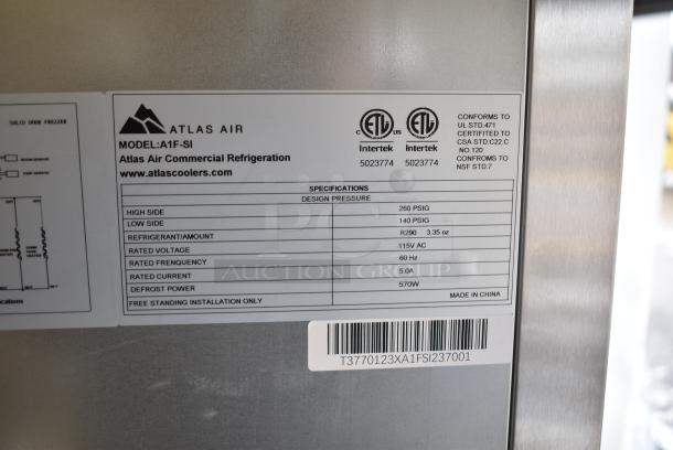 BRAND NEW SCRATCH AND DENT! Atlas Air A1F-SI Stainless Steel Commercial Single Door Reach In Freezer. 115 Volts, 1 Phase. Serial T3770123XA1FSI237001. Tested and Working! - Image 5 of 5