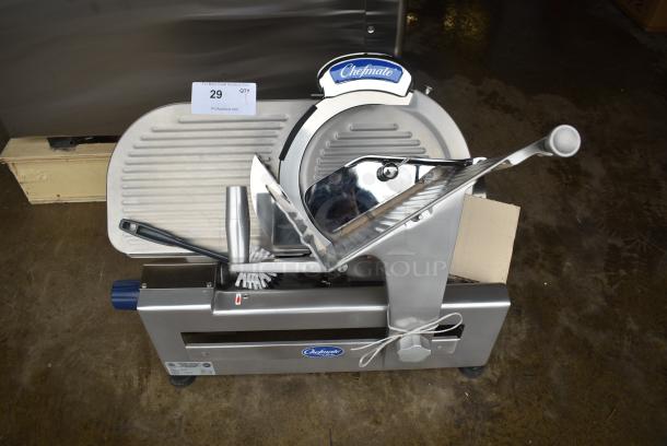 BRAND NEW SCRATCH AND DENT! Globe Chefmate GC 512 Stainless Steel Commercial Countertop 12" Manual Gravity Feed Slicer w/ Blade Sharpener. 115 Volts, 1 Phase. Tested and Working! - Image 1 of 8