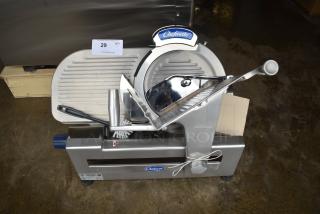 BRAND NEW SCRATCH AND DENT! Globe Chefmate GC 512 Stainless Steel Commercial Countertop 12" Manual Gravity Feed Slicer w/ Blade Sharpener. 115 Volts, 1 Phase. Tested and Working!